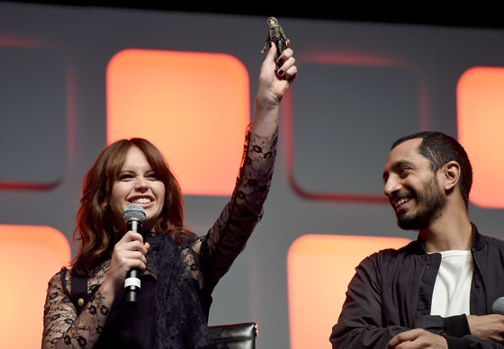 LONDON, ENGLAND - JULY 15: Felicity Jones and Riz Ahmed on stage during the Rogue One Panel at the Star Wars Celebration 2016 at ExCel on July 15, 2016 in London, England. (Photo by Ben A. Pruchnie/Getty Images for Walt Disney Studios) *** Local Caption *** Felicity Jones; Riz Ahmed